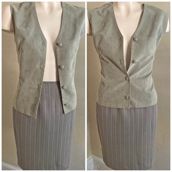 HALSTON vintage green 2-piece skirt and suede vest suit set - Picture 1 of 12